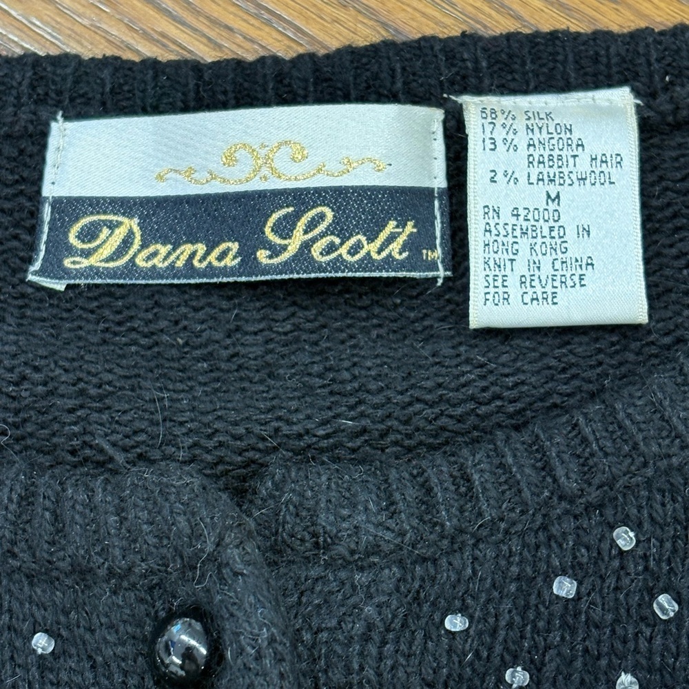 VTG Dana Scott Cardigan Christmas Sweater Black Silk Wool Angora Blend Women’s M - Picture 2 of 14
